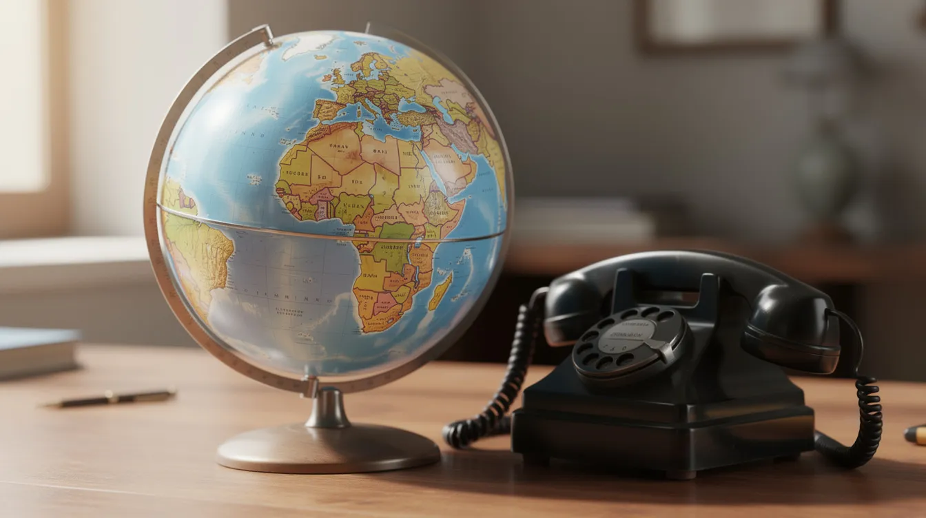 A globe rests on a desk next to a telephone handset, symbolizing international communication and the various country calling codes used for making international calls. The globe represents different countries, while the telephone suggests the connection to foreign places through dialing codes.