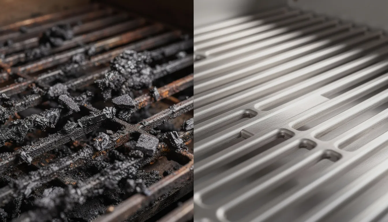 The image shows a close-up comparison of grill grates before and after a professional BBQ cleaning service, highlighting the effective removal of built-up grease and burnt-on food. The clean grates reflect the thorough cleaning achieved using eco-friendly solutions and steam cleaning techniques, demonstrating the expertise of professional cleaning technicians.