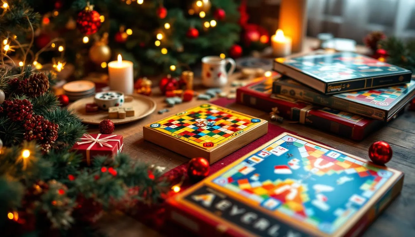 Na stole ułożone są różnorodne gry planszowe, otoczone świątecznymi dekoracjami, które wprowadzają radosny klimat świąt. To doskonały pomysł na oryginalny prezent na mikołajki, który z pewnością ucieszy zarówno dzieci, jak i dorosłych.