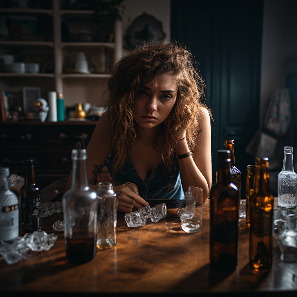 A woman looking distressed with many liquor bottles in front of her.