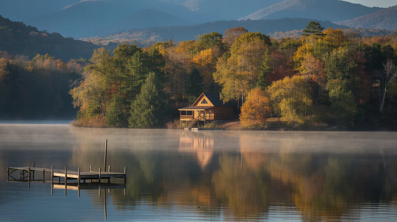 The image depicts a picturesque lakefront cabin nestled among lush trees in the North Georgia mountains, ideal for real estate investors seeking vacation rentals or investment properties. The serene setting highlights the potential for rental income and cash flow in the thriving Georgia real estate market.