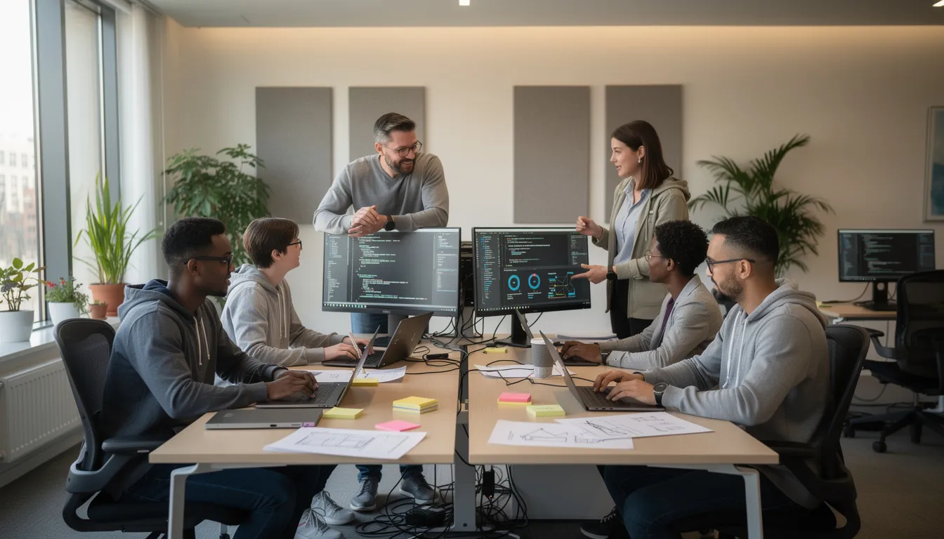 A modern software development team collaborates on multiple screens, showcasing their deep technical expertise in custom software development and project management. The environment reflects a focus on digital transformation and quality software solutions, highlighting the importance of effective communication and collaboration in today's outsourcing landscape.