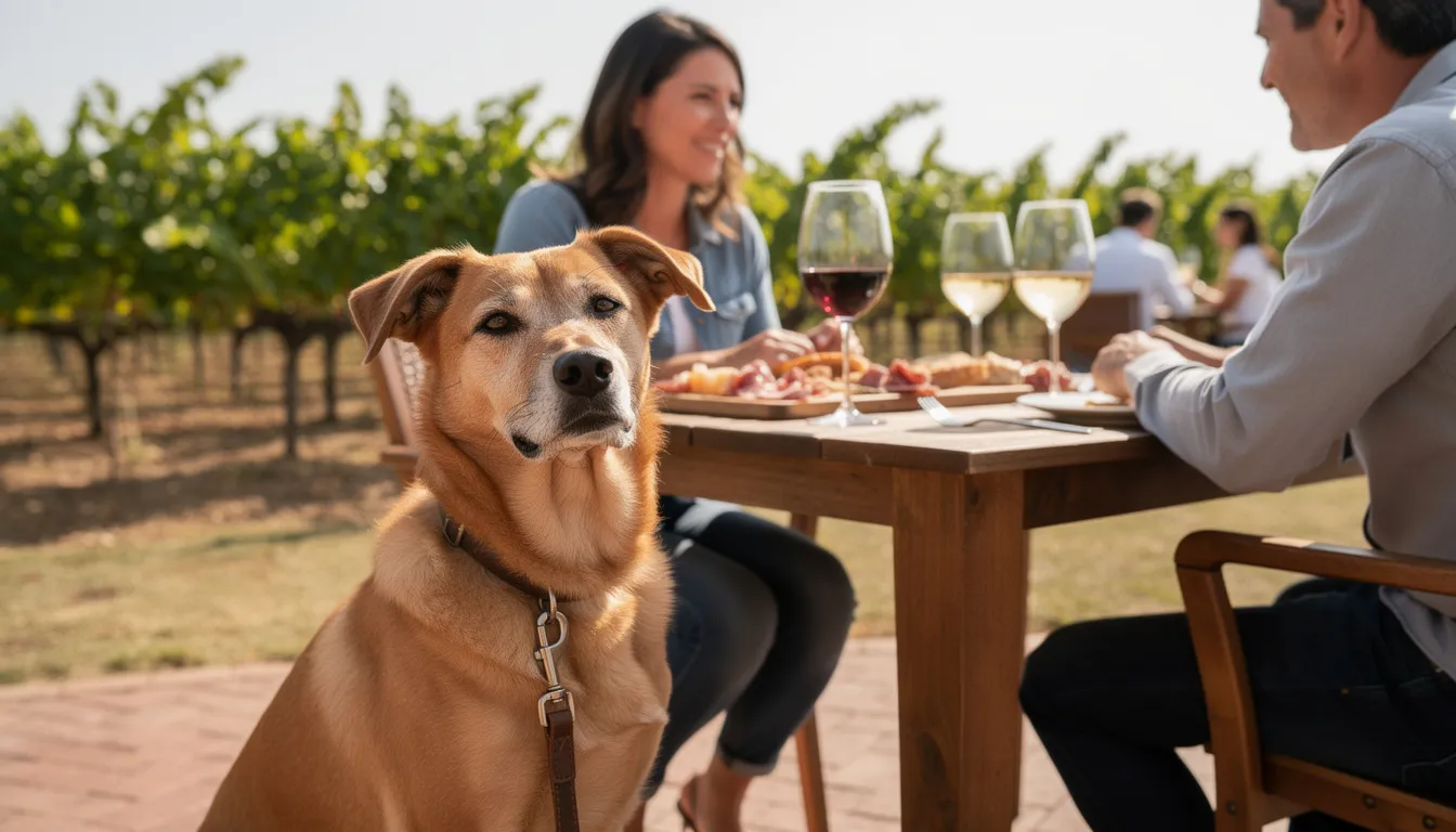 A happy dog on a leash sits beside its owners at a dog-friendly outdoor patio in a vineyard, where they enjoy wine glasses filled with drinks. The scene captures a relaxed atmosphere, perfect for dog owners looking to dine with their furry friends at a restaurant in Temecula.