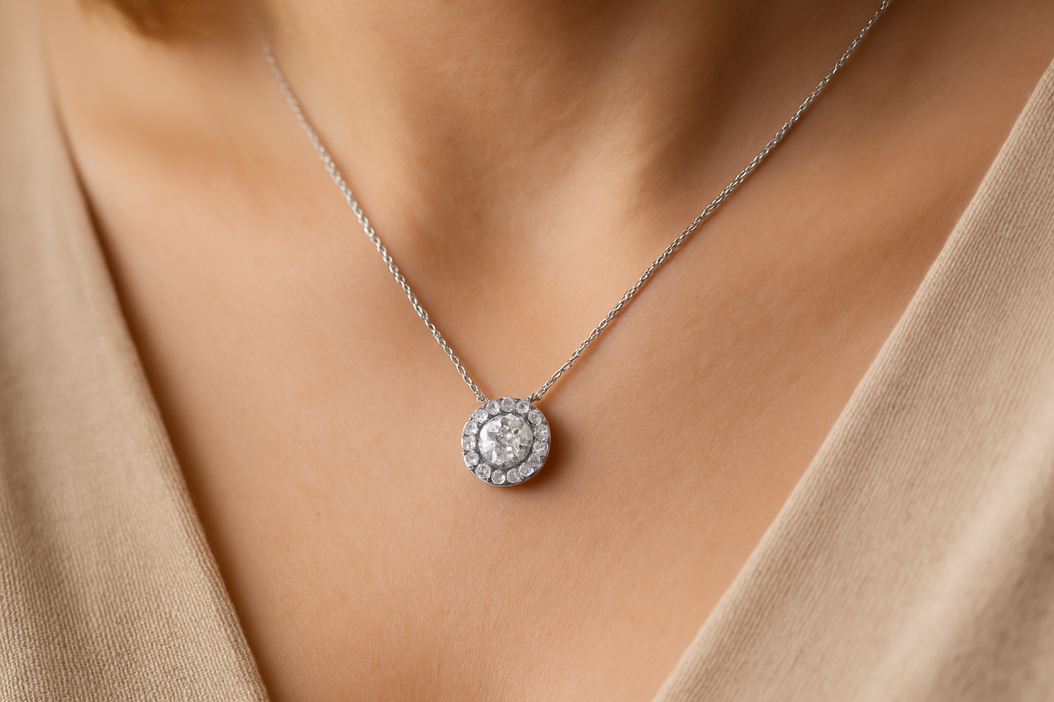 Balto aukso grandinėlė su spindinčiu halo pakabuku su deimantais