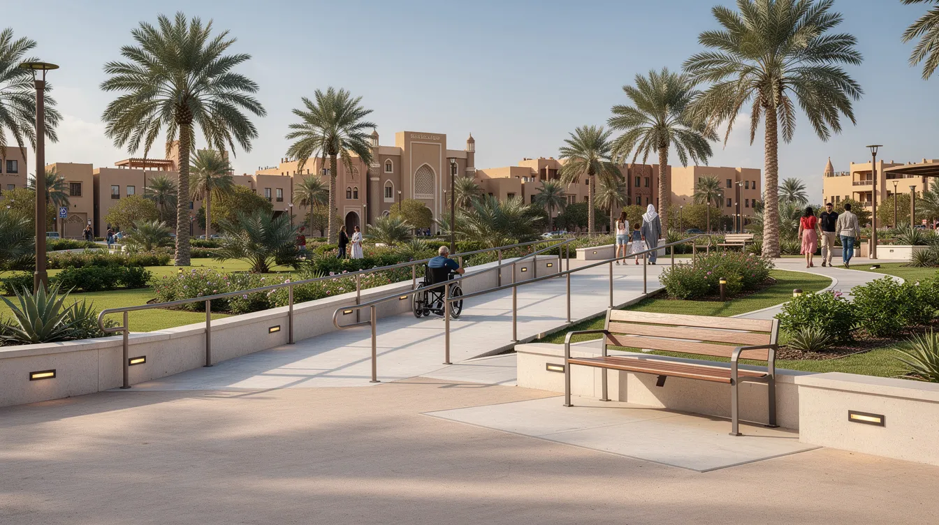 The image depicts a modern, accessible public park in a Middle Eastern city, featuring wide ramps and smooth pathways designed for wheelchair users, alongside wheelchair-friendly benches nestled among lush palm trees and greenery. This inclusive environment promotes community development and reflects a commitment to a truly inclusive society, ensuring that people of determination can enjoy nature and recreational spaces.
