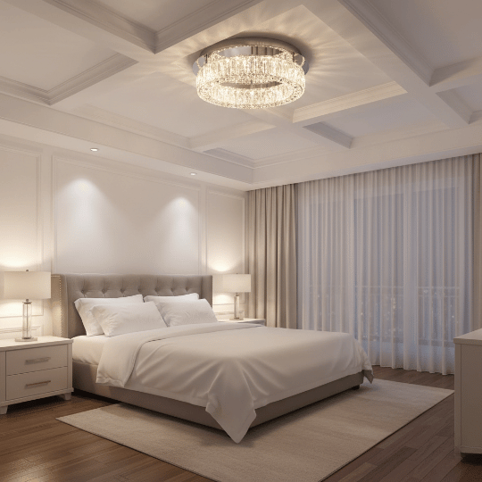 Crystal flush mount ceiling light casting warm ambient light over a modern bedroom.