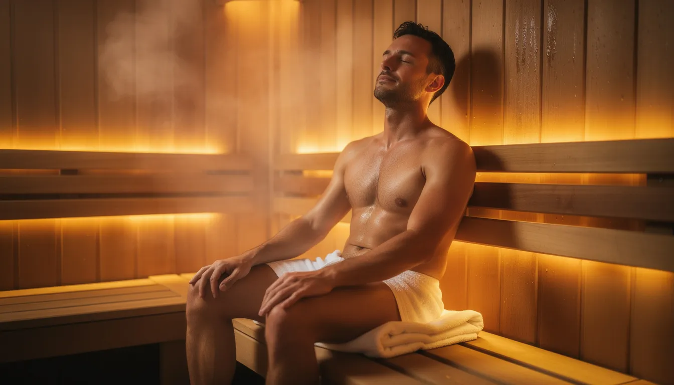 A man sits peacefully in a wooden sauna, bathed in warm ambient lighting that enhances the serene atmosphere for relaxation. This infrared sauna promotes healing and improves skin health by utilizing infrared light waves that penetrate deeper tissues, offering unique health benefits compared to traditional saunas.