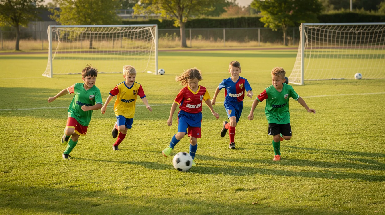 Eine Gruppe von Kindern in bunten Fußballtrikots spielt auf einem grünen Rasenplatz. Die Trikots in verschiedenen Farben fördern den Teamgeist und die Gemeinschaft beim Mannschaftssport.