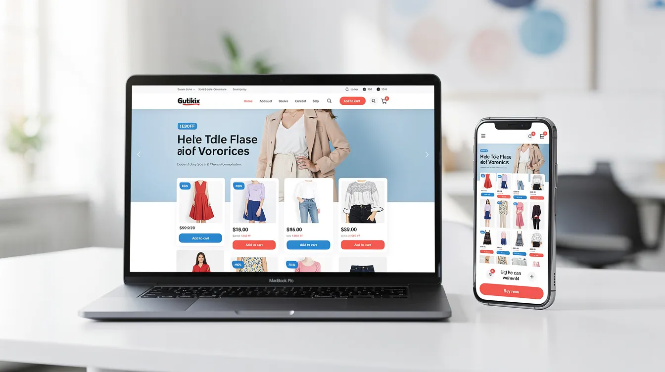 The image shows a modern ecommerce website displayed on a laptop and smartphone, highlighting the dropshipping business model. It illustrates how customers can easily browse and purchase high-quality products online, showcasing the convenience and efficiency of using reliable dropshipping suppliers.