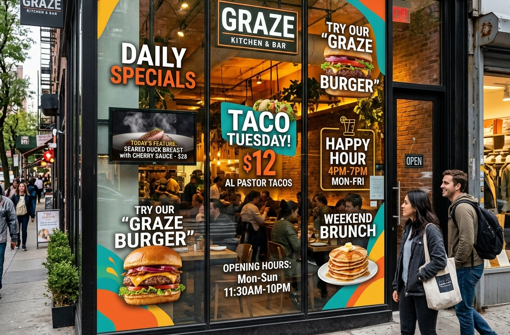 Top 10 Restaurant Signage Examples That Drive Visibility and Sales 2 digital window graphics