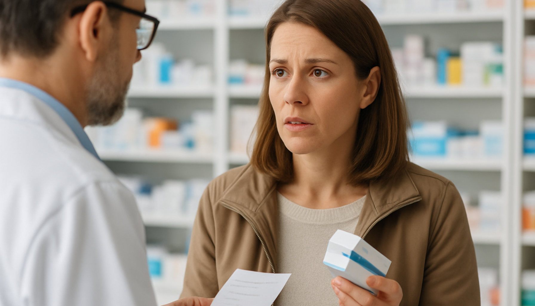 Periorifisiell Dermatitt: Det Uforklarlige Utslettet Rundt Munnen 17 En kvinne snakker med apotekansatt mens hun holder reseptbelagte medisiner i hånden i et apotekmiljø. periorificial dermatitt perioral dermatitt utslett rundt munnen rundt munnen behandling av perioral dermatitt årsaken til perioral dermatitt sammenheng med allergi dermatitt bruk av fete rundt øynene hos kvinner p piller rød hud 45 år behandling bruk huden tilstanden utslettet hos ofte ansiktet kvinner unngå flere antibiotika bør kremer små uker behandlingen hudlege dersom kosmetikk krem utløsende forekommer faktorer hud øynene symptomer sone forverre vanligvis årsaker