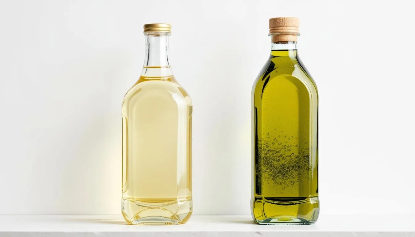 The image shows two bottles of cooking oil side by side, highlighting the color differences between light sesame oil, which has a pale hue, and green-tinted avocado oil, known for its rich color. Both oils are popular choices for high heat cooking methods and offer various health benefits, including healthy fats and antioxidant properties.