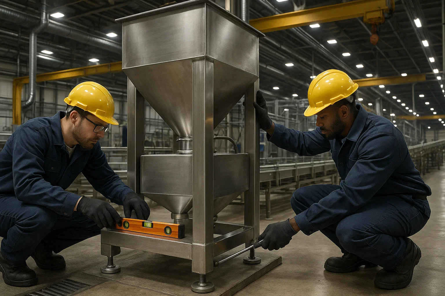 Engineers installing stainless steel machinery and integrating it into a production line.