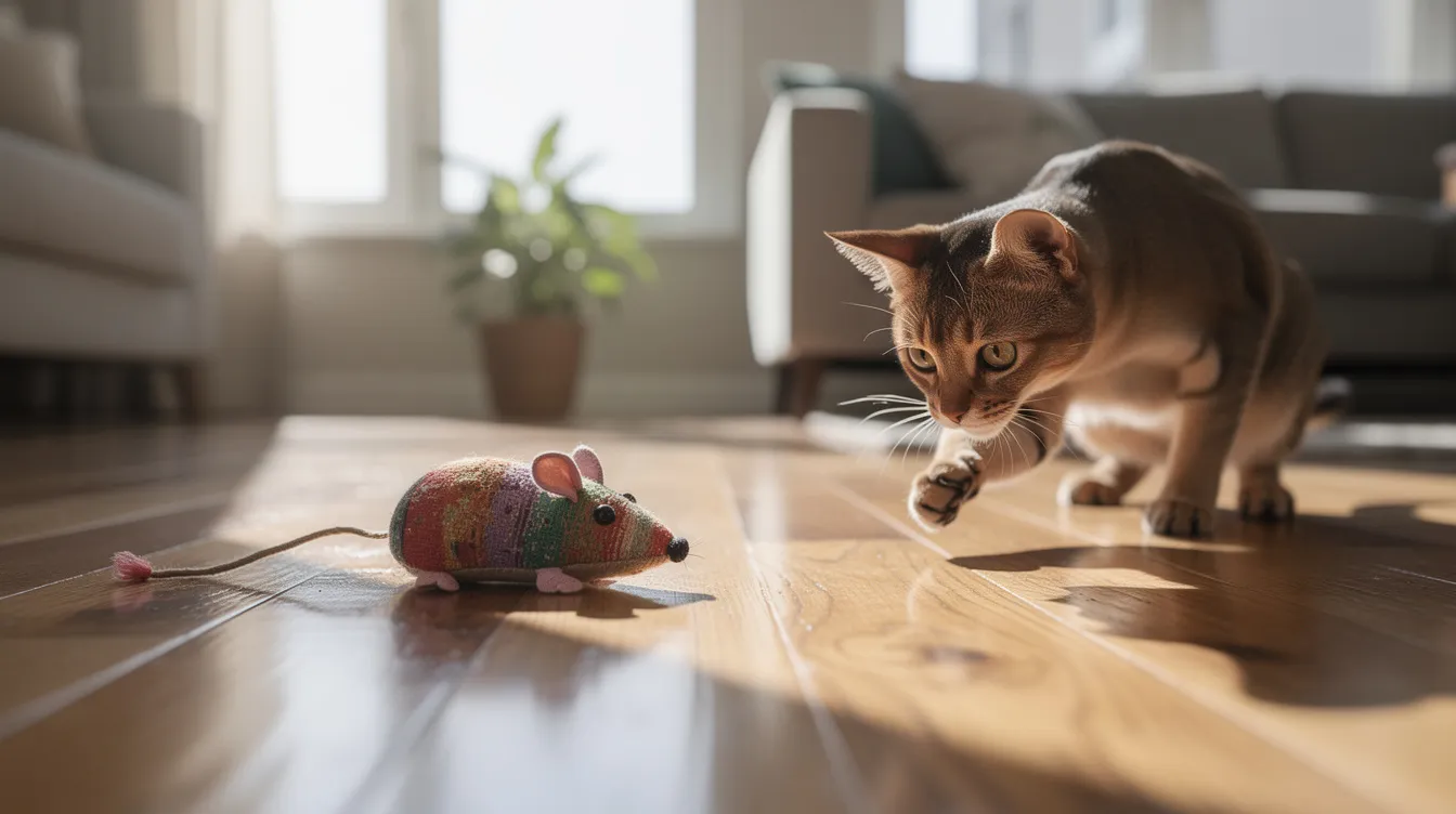 A small cat is cautiously approaching a compact remote control cat toy on a hardwood floor in a sunlit apartment, showcasing its natural hunting instincts. The scene highlights the toy's movement patterns, which provide mental and physical stimulation to keep indoor cats engaged and entertained.