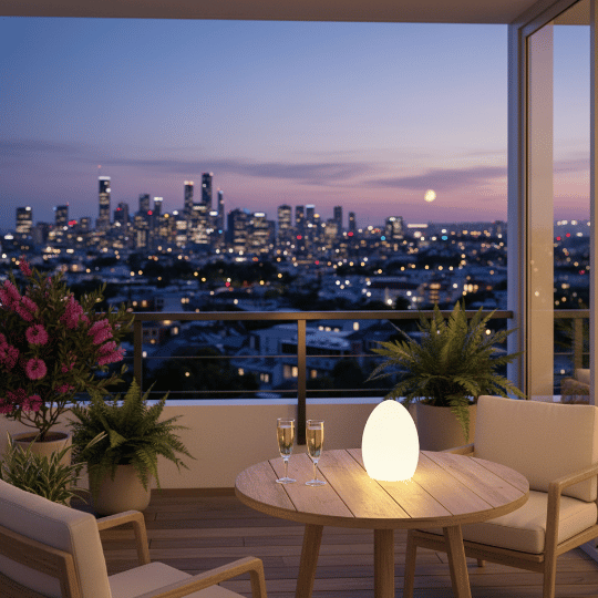 Minimalist balcony lighting ideas showcasing a sculptural table lamp light fixture for evening use.