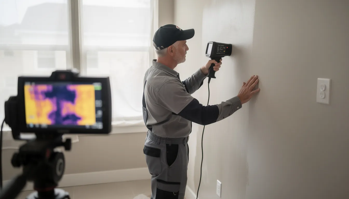 A restoration technician is using a thermal imaging camera to inspect an apartment wall for hidden moisture, highlighting the importance of effective damage restoration services in multifamily properties. This proactive approach helps property managers and residents ensure safety and address potential issues before they escalate.