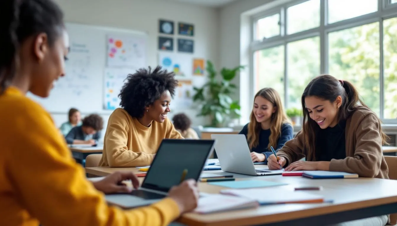 In the image, a diverse group of students is working collaboratively in small groups, using laptops and notebooks to engage in discussions about course content. They are sharing ideas and strategies, creating a dynamic learning environment that fosters understanding and supports their educational journey.