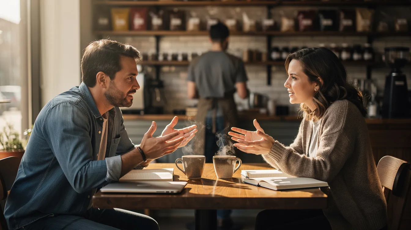 Two people are sitting at a coffee shop table, engaged in a lively conversation about their values and expectations in relationships. Their discussion reflects a deep emotional connection as they explore topics like spiritual beliefs and communication styles, creating a moment of intimacy and understanding.