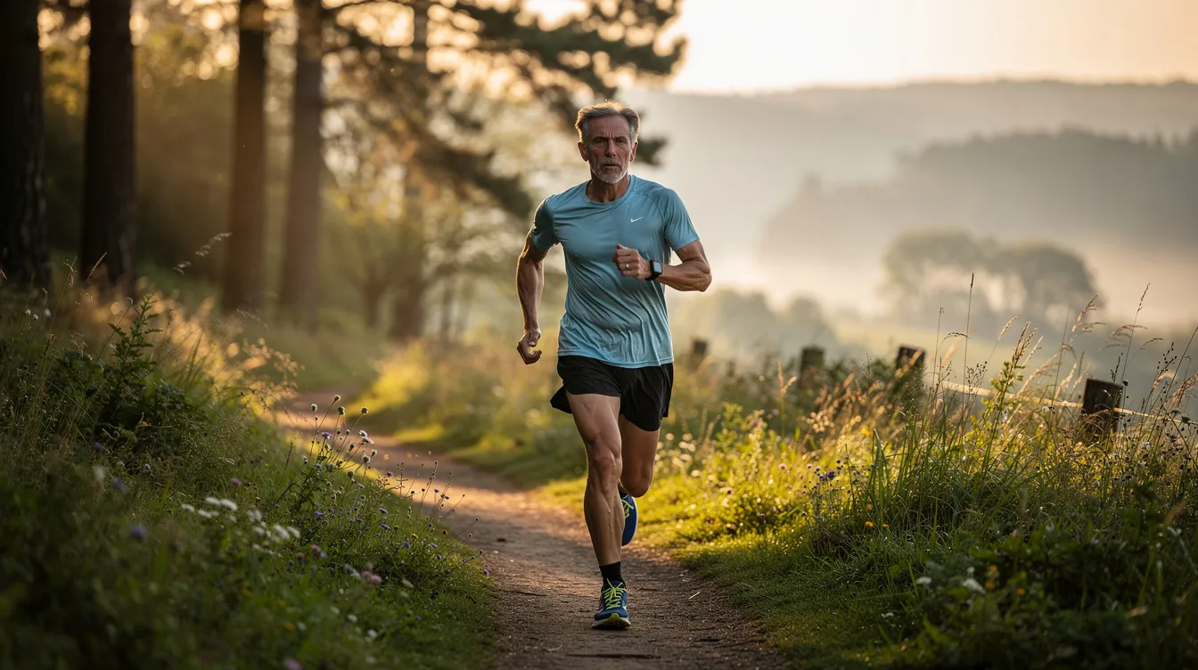 The image depicts a mature adult jogging in a natural outdoor setting, promoting healthy aging and maintaining cellular health through exercise. This activity supports cellular energy production and overall health status, emphasizing the importance of physical fitness for the human body&rsquo;s metabolic processes.