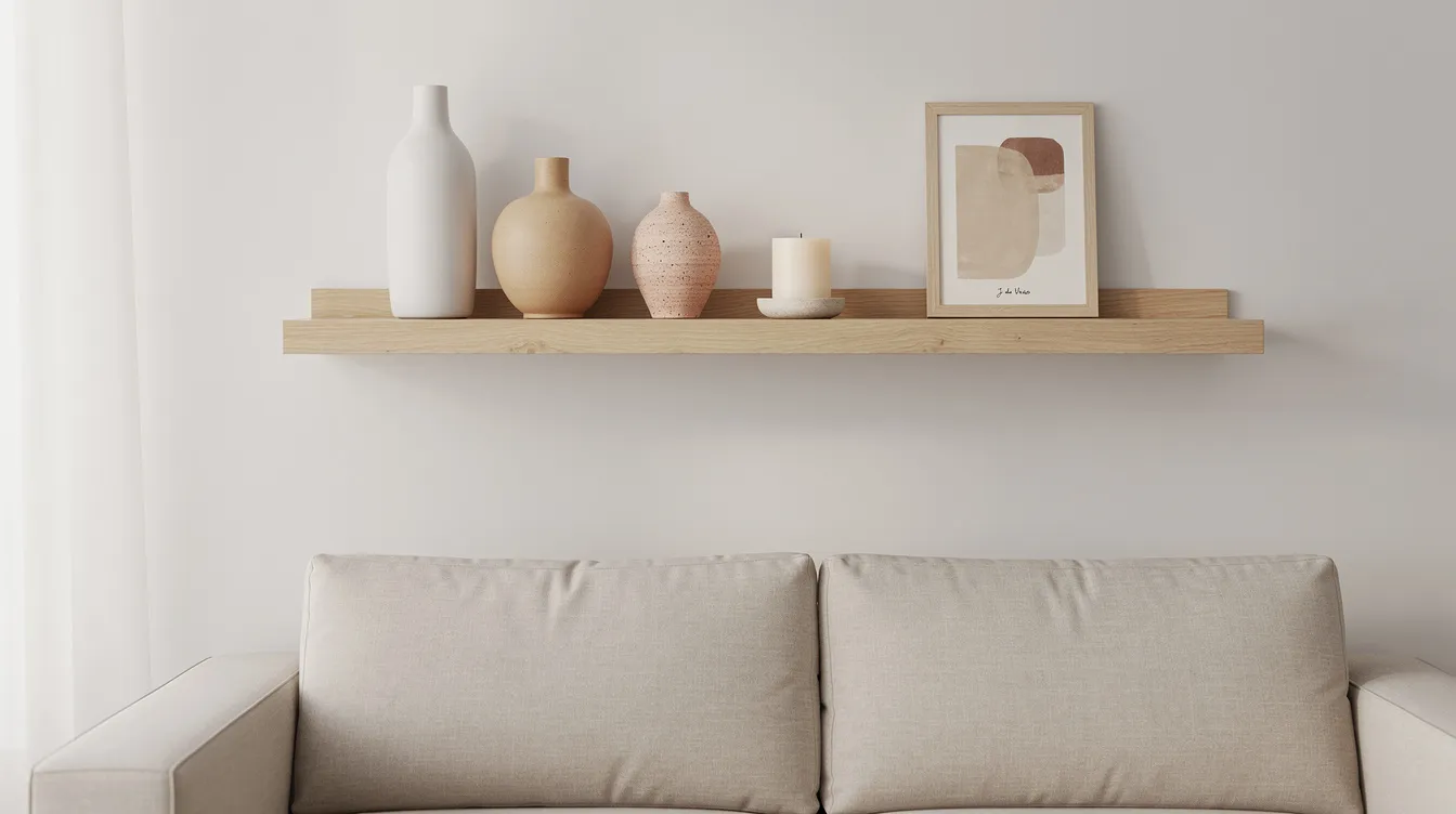 Een houten wandplank met drie keramische vazen, een kaars en een klein kunstwerkje hangt boven een beige bank, wat een rustige uitstraling geeft aan de moderne woonkamer. Deze wanddecoratie boven de bank voegt een persoonlijke touch toe aan het minimalistische interieur.