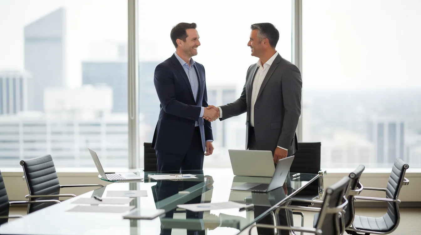 Deux professionnels des affaires se serrent la main dans un bureau moderne après une réunion réussie, illustrant l'importance des techniques de vente et de la prospection. Leur interaction souligne l'objectif de créer des relations solides avec les clients et prospects dans le monde de l'entreprise.