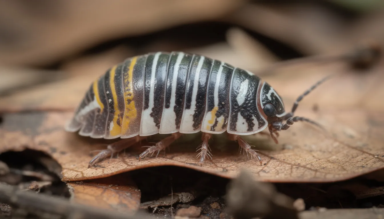 The image features a colorful Armadillidium maculatum zebra pillbug, a terrestrial isopod, showcasing its distinctive black and white striped pattern. This small crustacean, commonly known as a roly poly, is often found in damp environments, such as under rotting wood, contributing to the ecosystem's diversity.