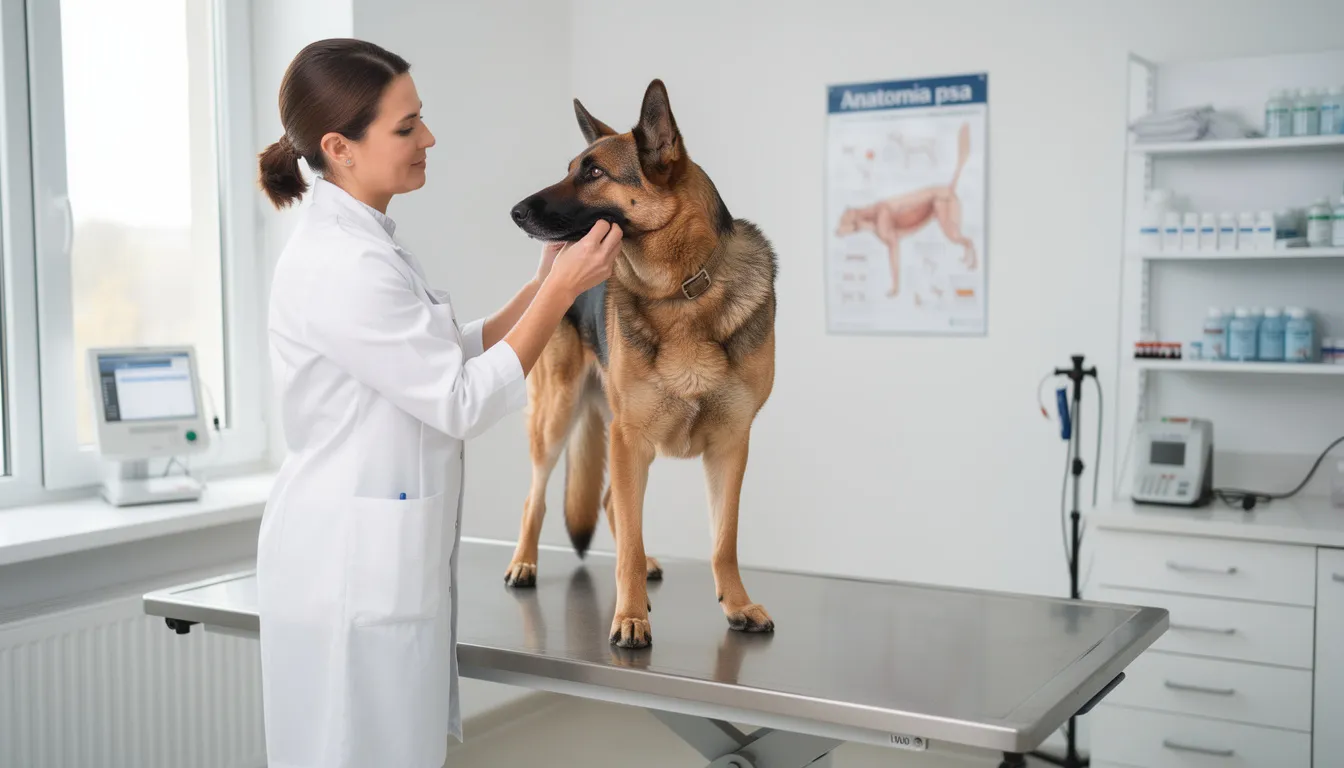 Na zdjęciu widzimy weterynarza badającego dużego psa na stole diagnostycznym. Specjalista zwraca uwagę na zdrowie zwierzęcia, co może obejmować diagnozowanie problemów związanych z niedoborem wapnia lub innymi składnikami mineralnymi ważnymi dla prawidłowego funkcjonowania organizmu psa.