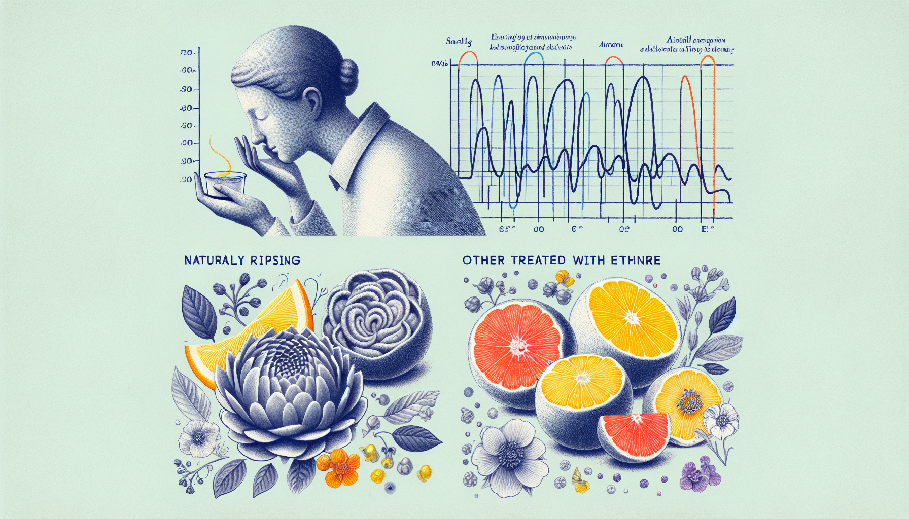 Illustration showing sensory evaluation of naturally and ethylene-treated fruits