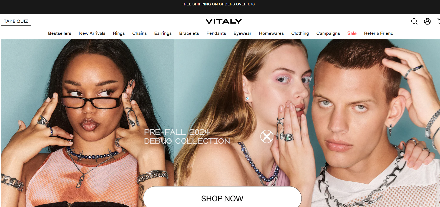 Vitaly, based in Etobicoke, Canada, brings in $1M - $5M. They are an experimental design studio that sells genderless accessories. The bold images on their Shopify store are stunning, and the site is professionally optimized for sales. For example, when you browse on desktop, you can hover to view how each piece looks when worn.