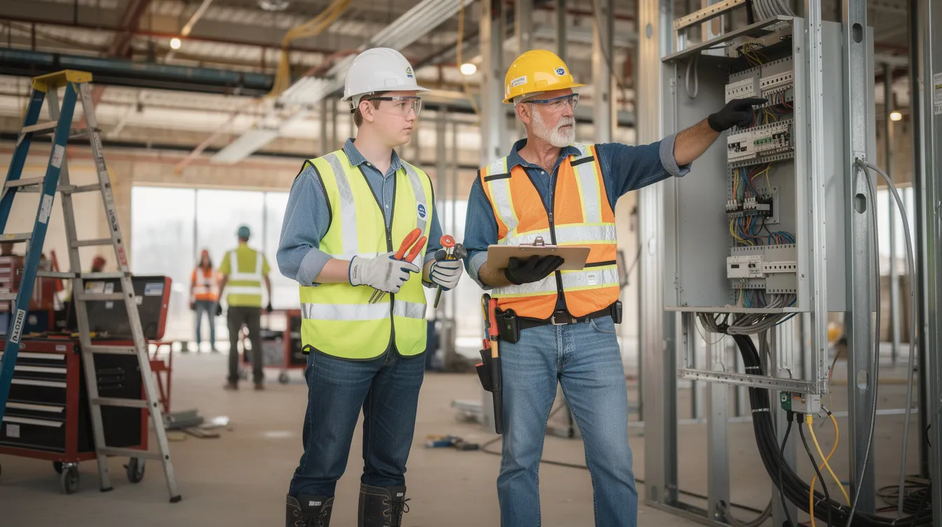 A young apprentice in safety gear is learning electrical work from an experienced journeyperson on a commercial jobsite, highlighting the importance of training and education in the construction industry to develop skilled workers for future construction careers. This scene reflects the ongoing efforts to address labor shortages and meet the growing demand for qualified workers in the construction sector.