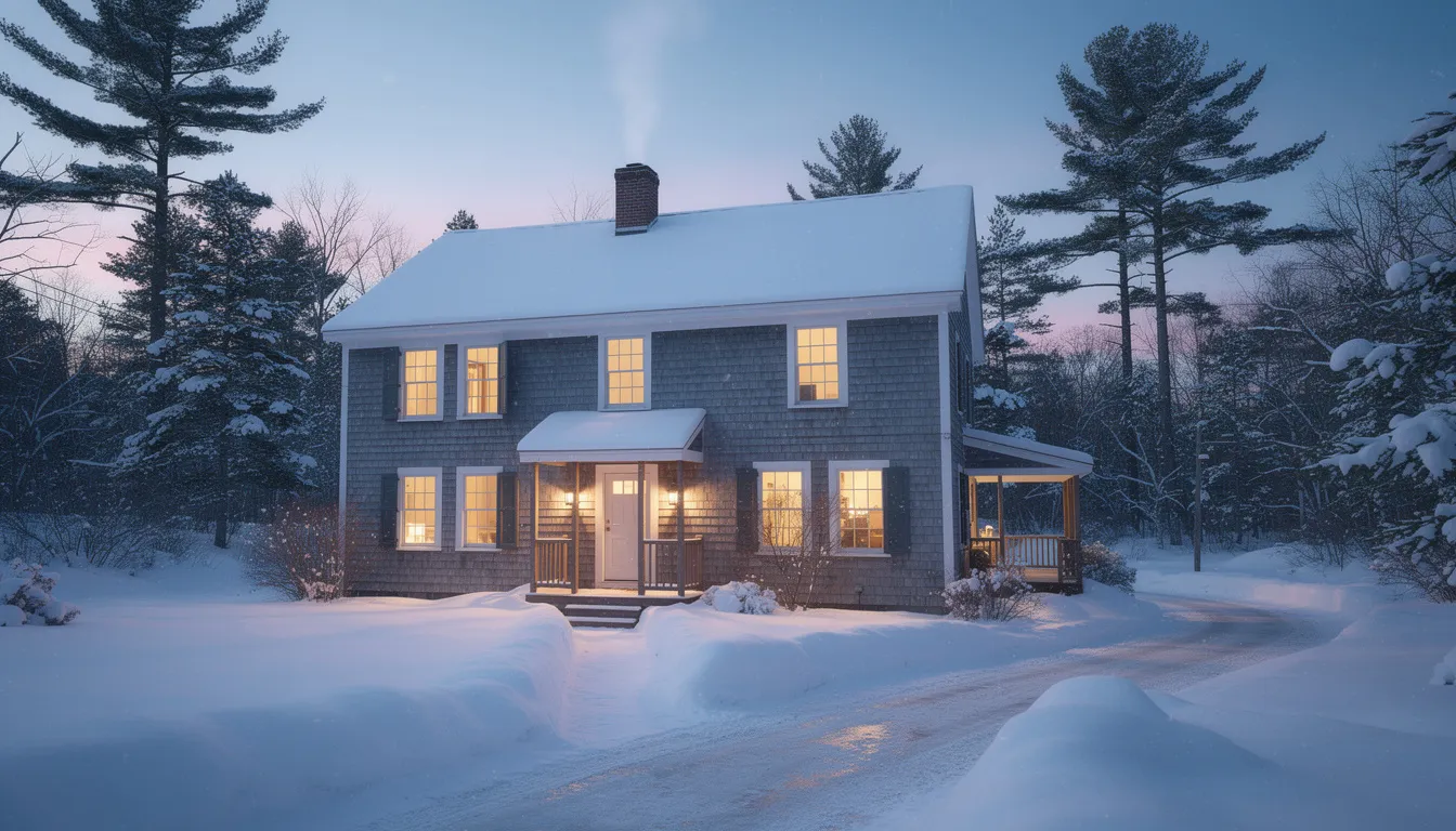 The image depicts a cozy Maine home blanketed in winter snow, with warm light glowing from its windows, suggesting a welcoming indoor environment. This scene evokes a sense of comfort and safety, highlighting the importance of indoor air quality and efficient HVAC systems for a healthy home atmosphere during the cold months.