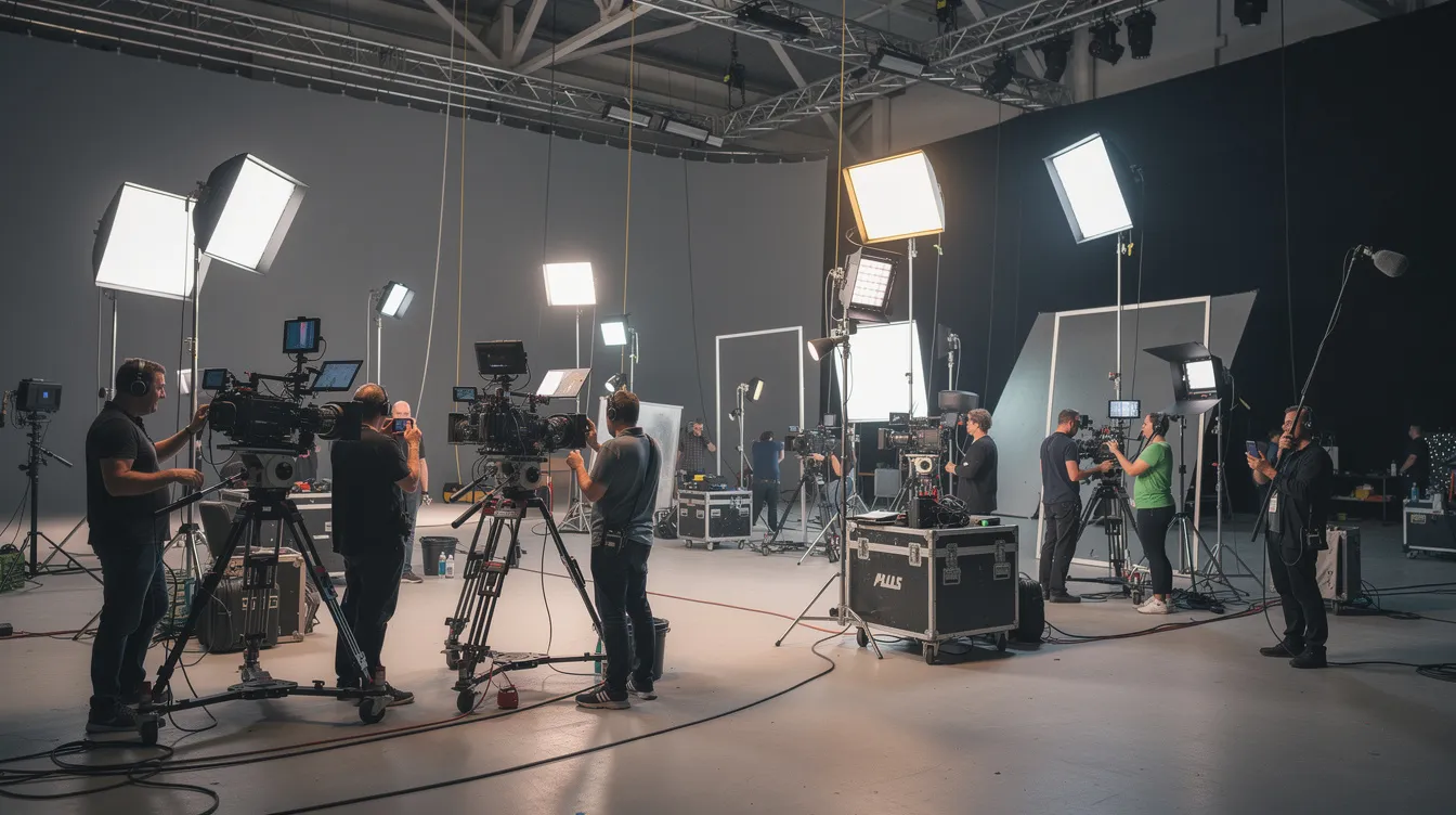 Das Bild zeigt ein Filmset in einer großen Studiohalle, auf dem mehrere professionelle Kameras auf Stativen und Beleuchtungsanlagen zu sehen sind. Ein Team von Technikern arbeitet konzentriert an der Produktion, während die Atmosphäre an die beeindruckenden Science-Fiction-Filme von Regisseur Ridley Scott erinnert.