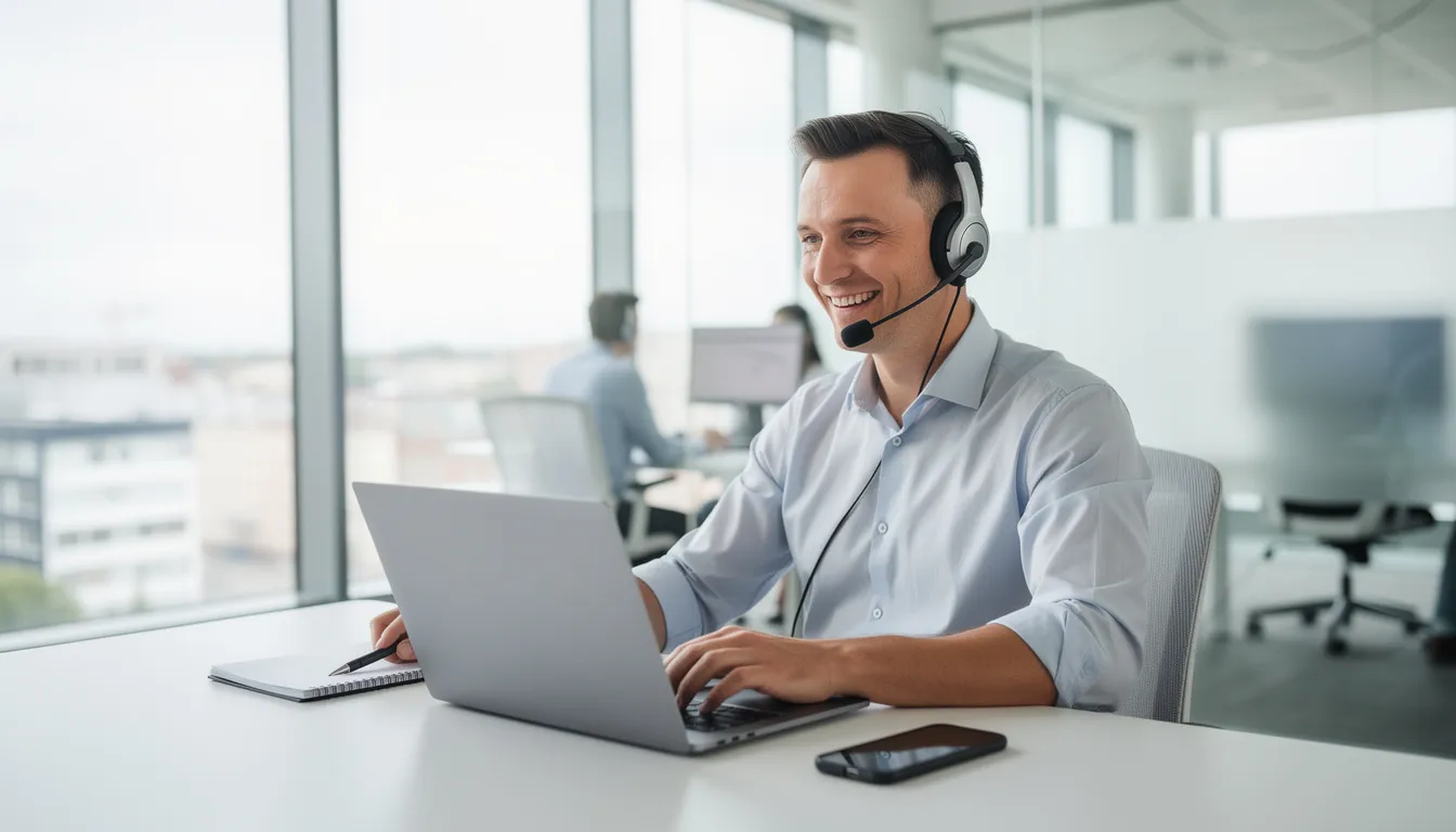 Na obrazku widać przedstawiciela handlowego rozmawiającego przez słuchawki w nowoczesnym biurze, który zajmuje się automatyzacją procesów biznesowych, co pozwala na zwiększenie efektywności pracy i przyspieszenie procesów. W tle znajdują się biurka z nowoczesnym wyposażeniem oraz elementy technologiczne wspierające działanie firmy.