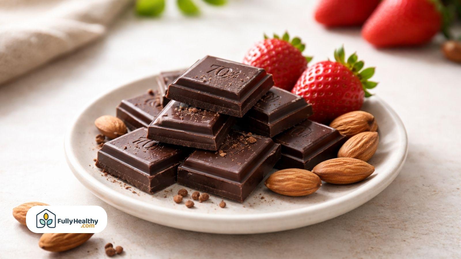 Dark chocolate pieces with strawberries and almonds on plate healthy snack