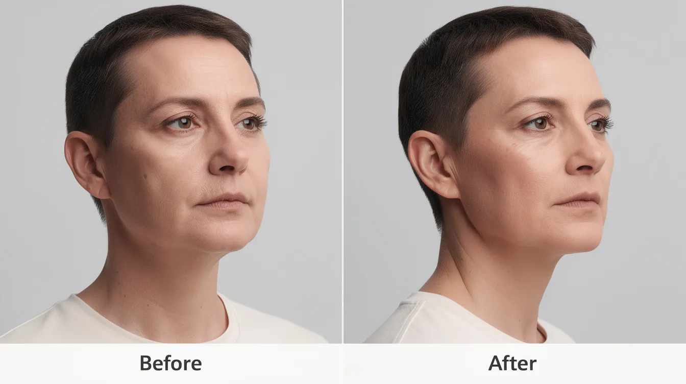The image shows a before and after comparison of a person's jawline, highlighting the improved definition achieved through a cosmetic procedure such as chin lipo or submental liposuction. The after image displays a more contoured appearance, with reduced fat in the neck area and a firmer jawline.
