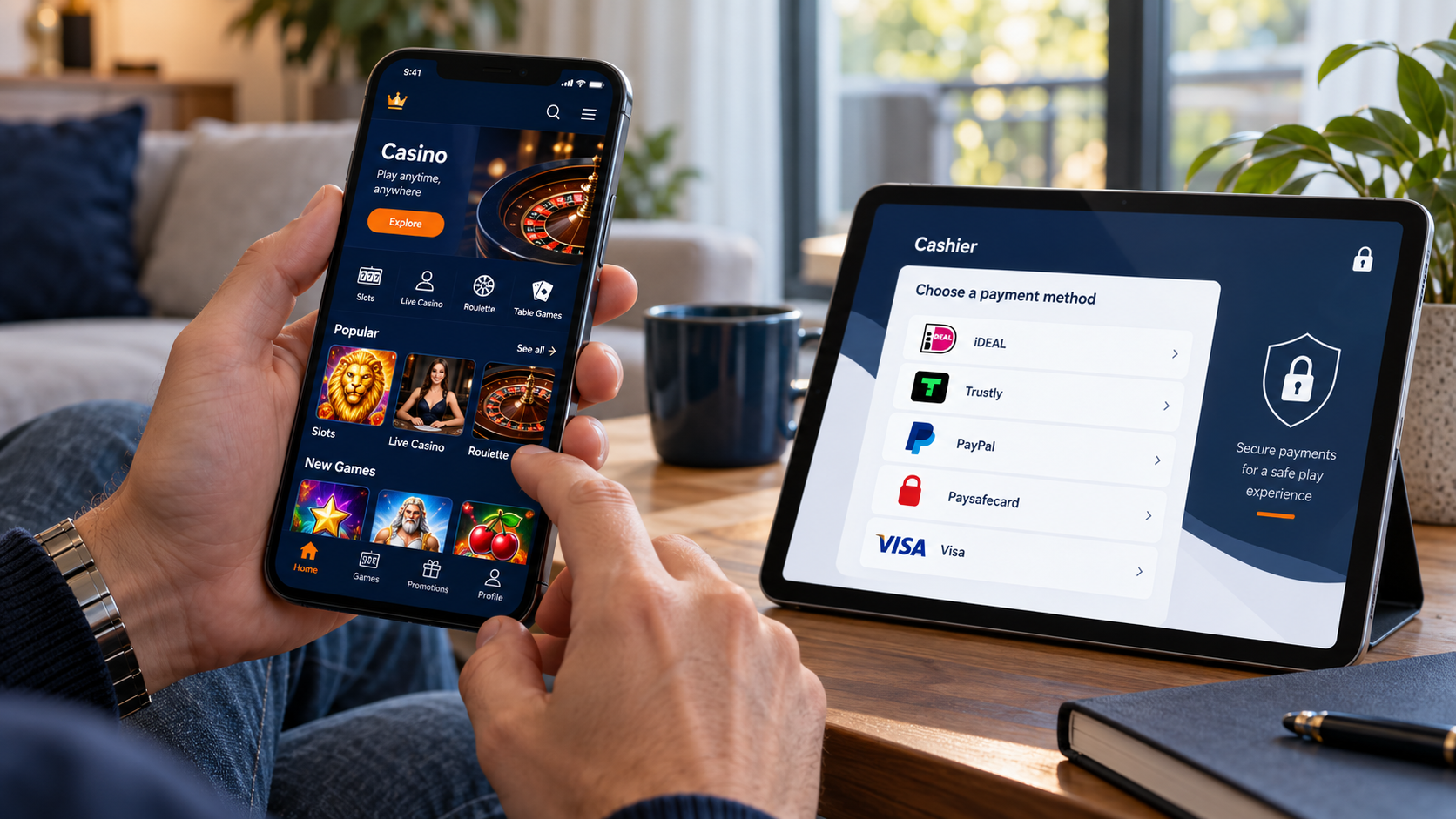 Mobiele casinospellen op een telefoon naast betaalmethoden op een tablet.