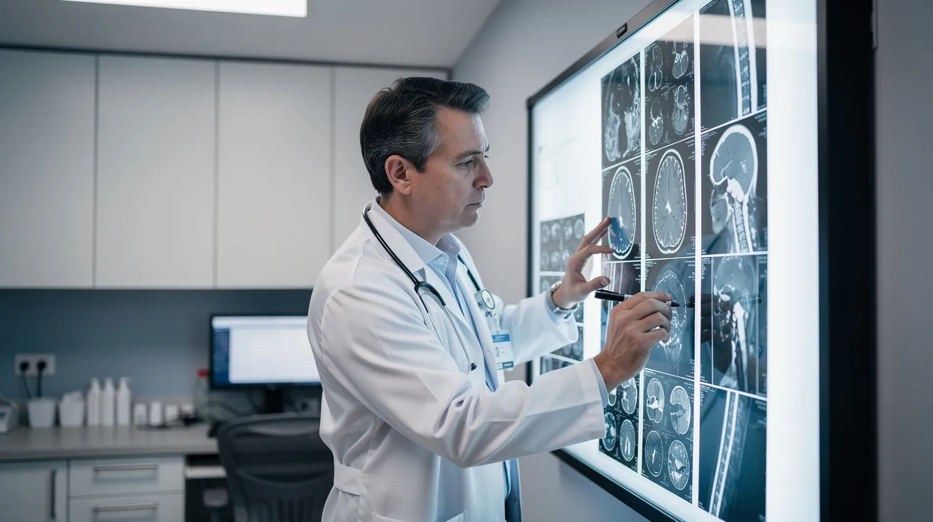 A doctor is intently reviewing medical imaging scans on a light board in a clinic, surrounded by medical records and diagnostic tools. This scene highlights the importance of accurate medical evidence in the social security disability claim process, which can be crucial for obtaining disability benefits for individuals with physical or mental impairments.