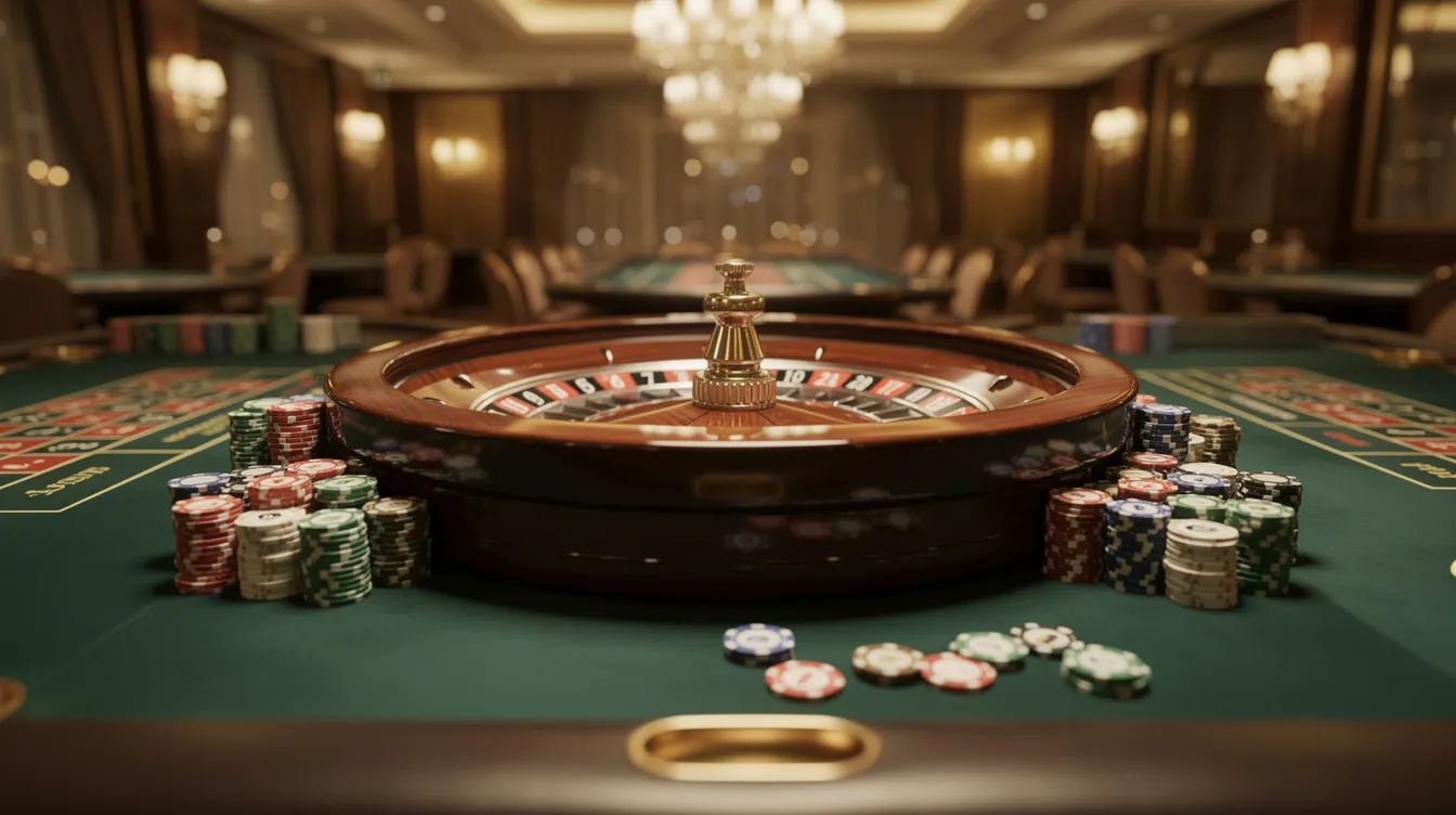 The image depicts a casino table featuring a roulette wheel, surrounded by neatly stacked chips, all illuminated by warm ambient lighting, creating an inviting atmosphere for online gambling enthusiasts. This setting is reminiscent of the best non gamstop casinos, where players can enjoy various payment methods, including PayPal transactions.