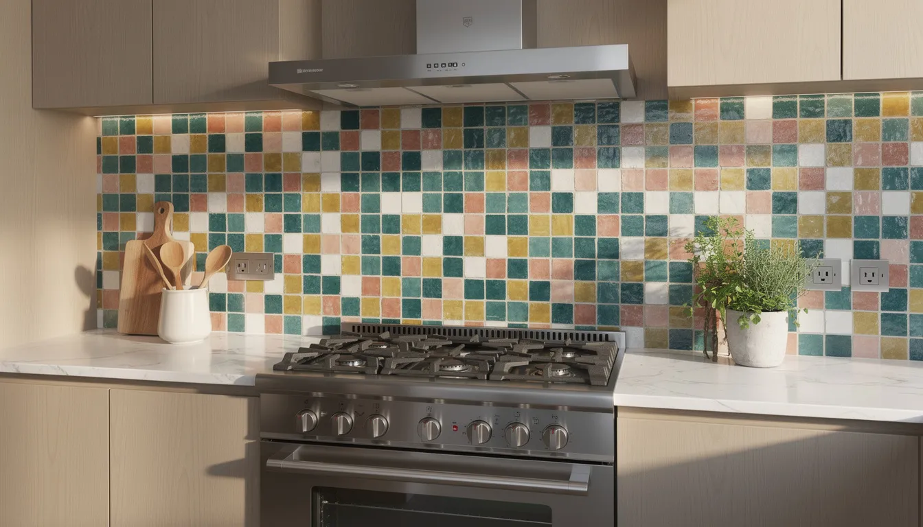 The image showcases a modern kitchen interior with a vibrant zellige tile backsplash behind a gas stove, featuring intricate geometric patterns in rich colors like blue, yellow, and green. This colorful mosaic tilework adds a touch of Moroccan elegance and contemporary design to the space.