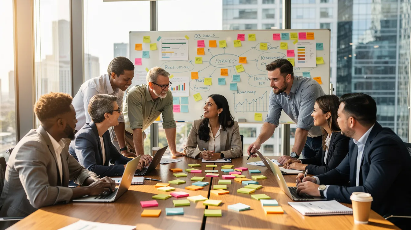 Une équipe diversifiée de professionnels collabore autour d'une grande table, entourée de notes autocollantes colorées et de graphiques sur un tableau blanc, dans un bureau moderne. Cette scène illustre l'importance de la planification stratégique et de la prise de décision collective pour atteindre les objectifs d'une entreprise.