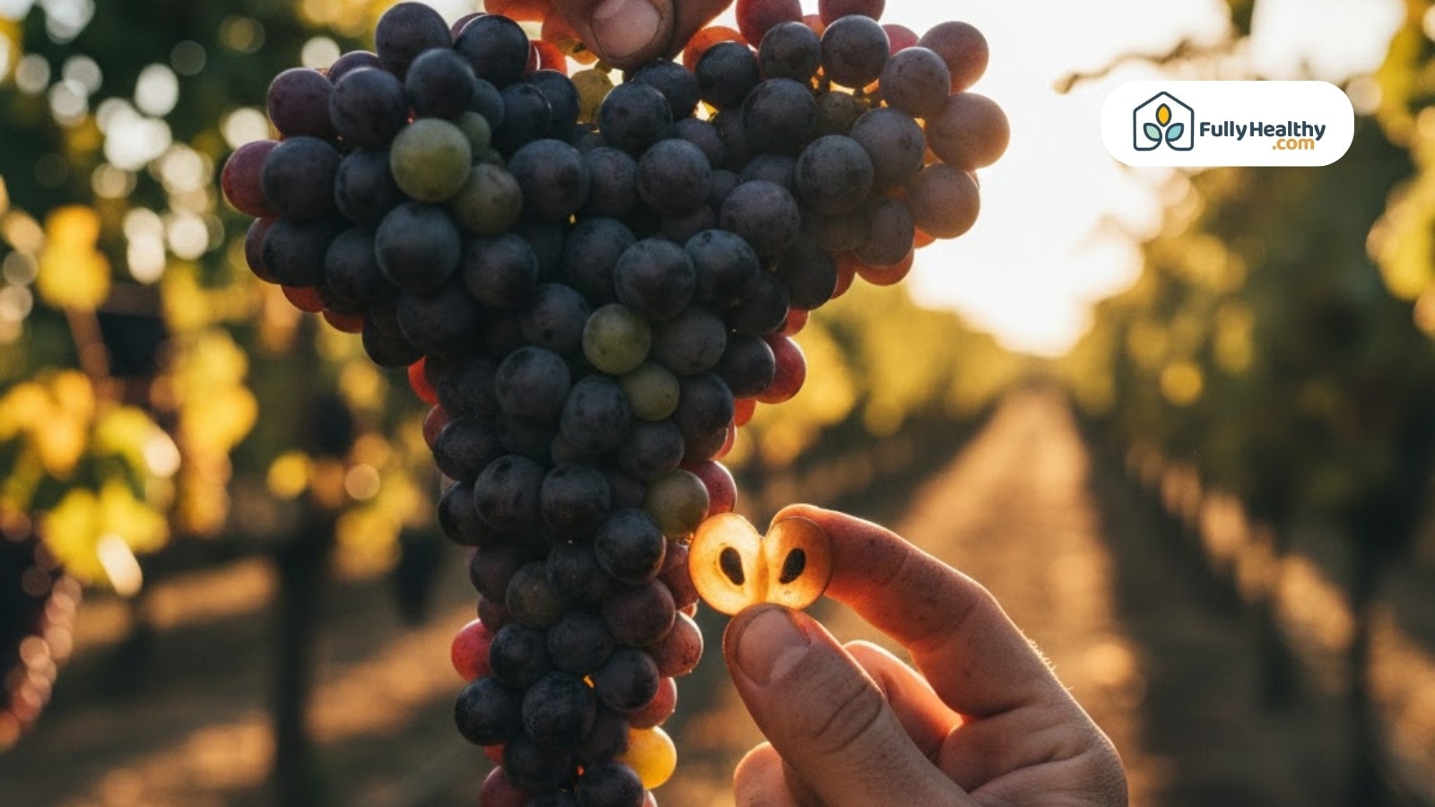 Person holding grape half showing seeds in vineyard during golden sunset