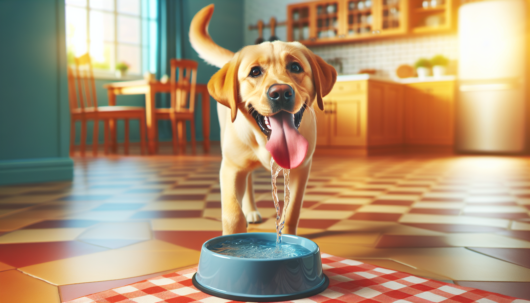 A Labrador Retriever drinking fresh water from a bowl