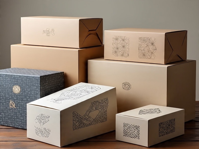 An image of stacked packaging boxes in soft beige and gray colors, decorated with fine line art patterns and small logos.