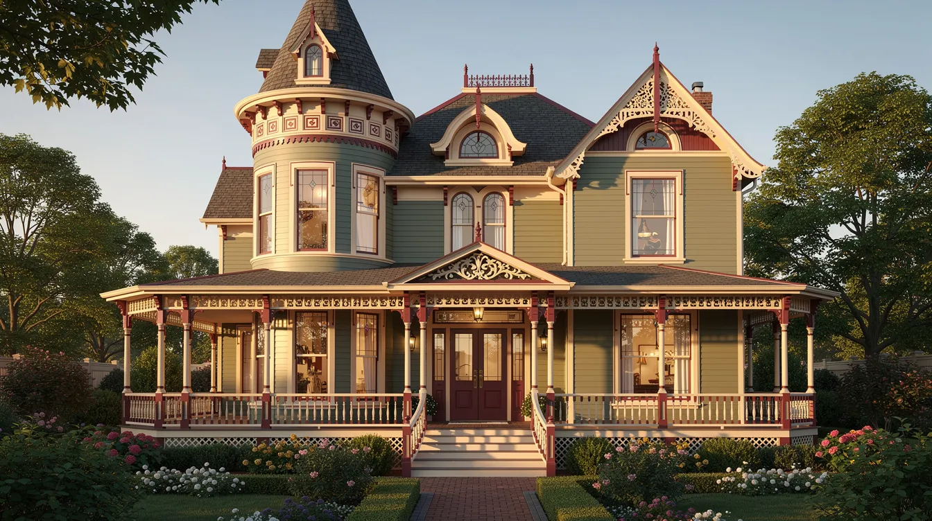The image depicts a charming Victorian home exterior featuring a turret tower and a spacious wraparound porch adorned with decorative railings, showcasing the intricate designs typical of Victorian architecture. This two or three-story house plan reflects the elegance of the Victorian era, complete with gingerbread trim and inviting features that enhance its exterior appeal.