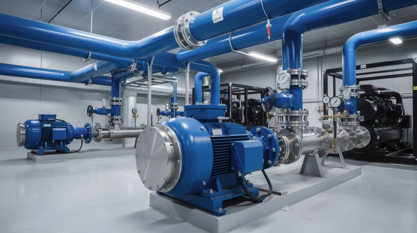 The image shows a close-up view of a large commercial chiller plant room, featuring blue pipes and pumps alongside industrial chiller equipment essential for optimal chiller performance. This facility is crucial for maintaining energy efficiency and proper operation in HVAC systems, particularly in humid climates like New Orleans.