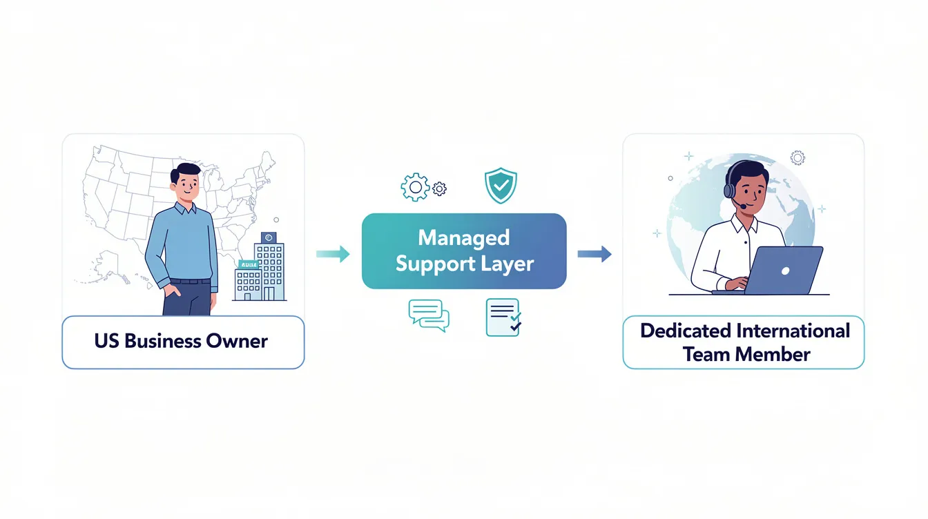 The diagram illustrates the connection between a US business owner and a dedicated international team member, highlighting the managed support layer that facilitates effective communication and collaboration. This visual representation emphasizes the benefits of outsourcing and offshoring, such as significant cost savings and access to specialized talent, while also acknowledging potential communication challenges and time zone differences.