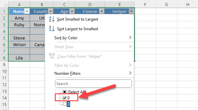 Using filter button of the helper column, filter rows with Zero
