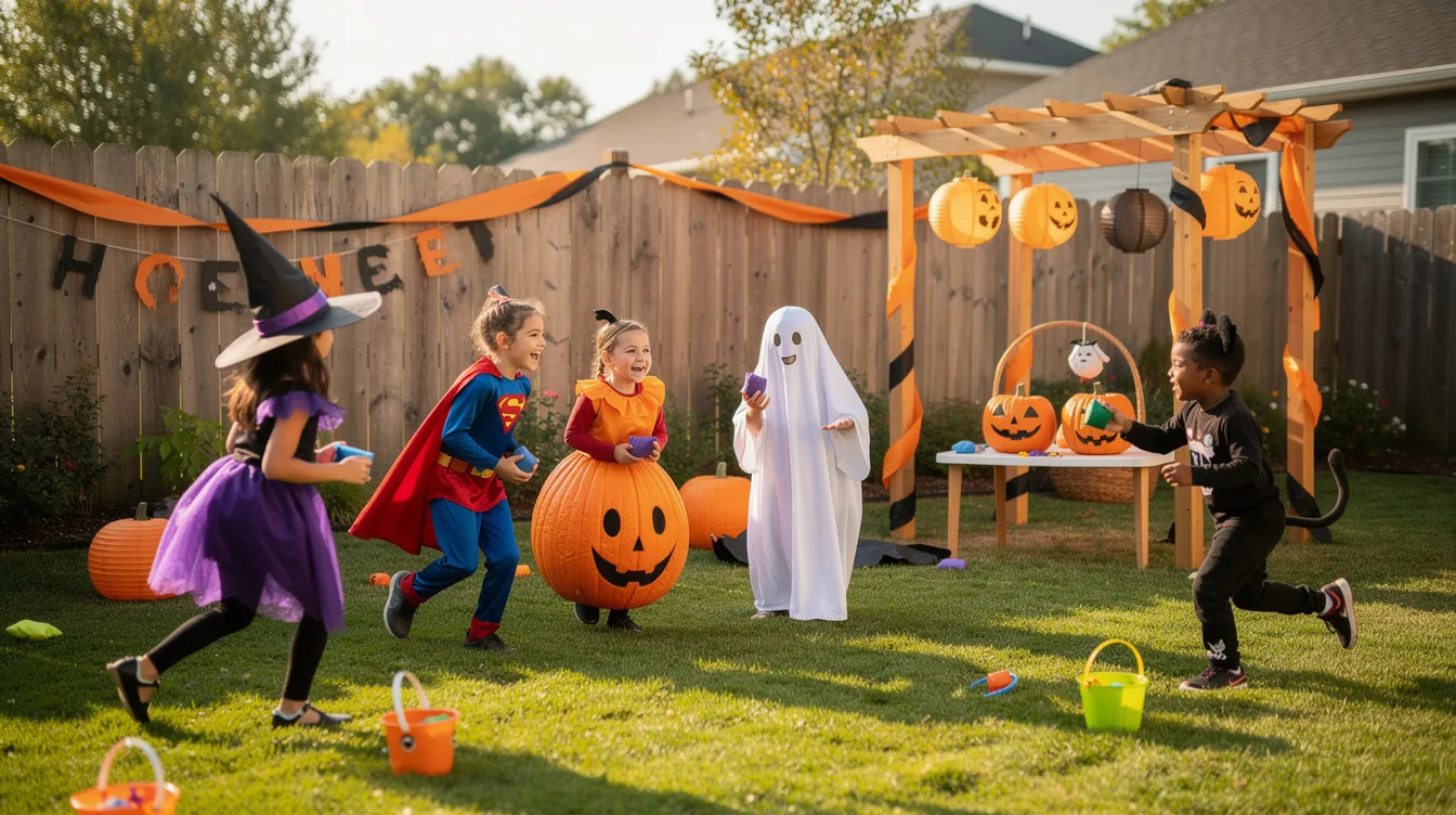 A lively scene of children dressed in colorful Halloween costumes playing outdoor games in a backyard adorned with vibrant orange and black streamers, capturing the excitement of the Halloween countdown. The atmosphere is filled with joy as they enjoy the festivities leading up to the big night.