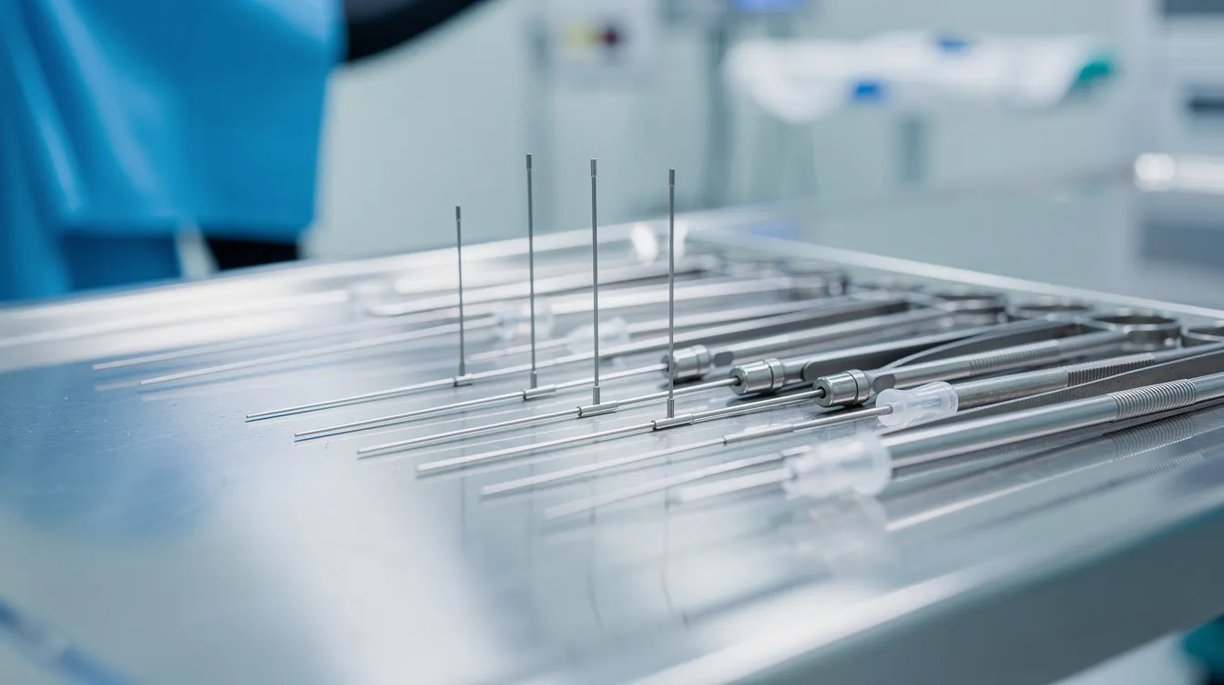 Imagen de una mesa de quirófano con instrumental quirúrgico estéril, que incluye cánulas finas, preparadas para una intervención de blefaroplastia inferior. Este equipo es esencial para procedimientos que buscan mejorar el aspecto de los párpados y tratar problemas como el exceso de piel y bolsas en la zona de los ojos.