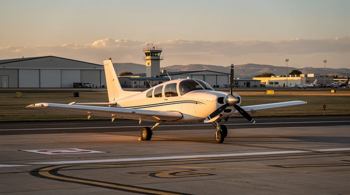 A small single-engine airplane is parked on a runway at a regional airport, surrounded by open space and a clear blue sky, symbolizing the beginning of many pilots' journeys towards earning their pilot certificates or preparing for FAA knowledge tests. This serene setting reflects the importance of locations like this as testing centers for aspiring aviators.